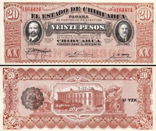Mexico 20 Pesos 1914 1915 Aunc El Estado De Chihuahua P - S537 Revolution Banknote