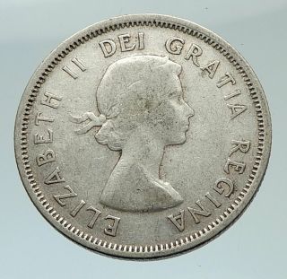 1955 Canada United Kingdom Queen Elizabeth Ii Caribou Silver 25 Cent Coin I75483
