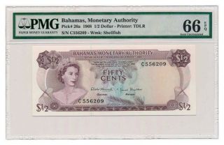 Bahamas Banknote 50 Cents 1968.  Pmg Ms - 66 Epq