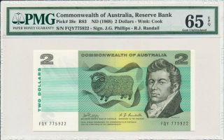 Reserve Bank Australia $2 Nd (1968) S/no 77xx22 Pmg 65epq