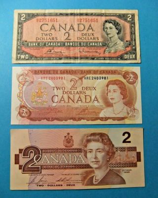 3 Bank Of Canada 2 Dollar Notes From 1954,  1974,  1986 -