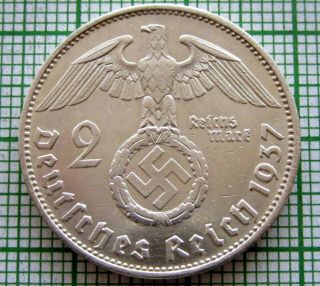 Germany Third Reich 1937 E 2 Reichsmark Hindenburg Swastika Silver