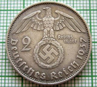 Germany Third Reich 1937 A 2 Reichsmark Hindenburg Swastika Silver