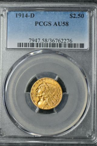 1914 - D Indian Head $2.  5 Gold Quarter Eagle Pcgs Au58