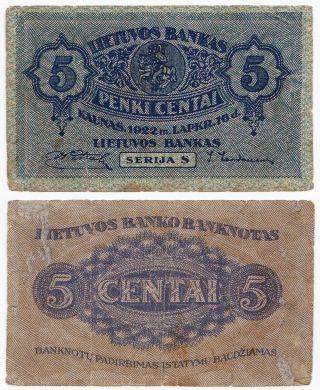 Lithuania,  5 Centai 1922,  Pick 9a,  Vg