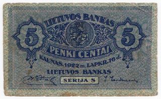 Lithuania,  5 Centai 1922,  Pick 9a,  VG 2