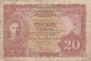 20 Cents Vg Banknote From British Malaya 1941 Pick - 9