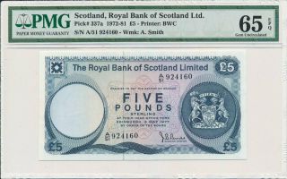 Royal Bank Of Scotalnd Ltd.  Scotland 5 Pounds 1977 Pmg 65epq