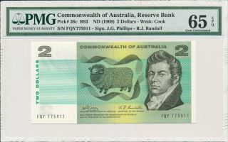 Reserve Bank Commonwealth Of Australia $2 Nd (1968) S/no 77xx11 Pmg 65epq