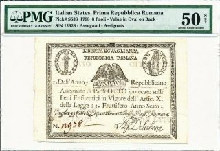 Prima Repubblica Romana Italian States 8 Paoli 1798 Assegnati Pmg 50net