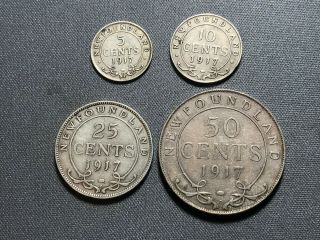 Complete 1917 Set Of 4 Newfoundland Canada 5 10 25 50 Cents Old Silver Coins