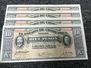 1915 El Estado De Chihuahua 10 Pesos Four Consecutive Crisp Uncirculated Notes