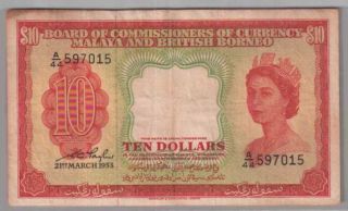 561 - 0020 Malaya & British Borneo | Qeii Commissioners,  10 Dollars,  1953,  Vf