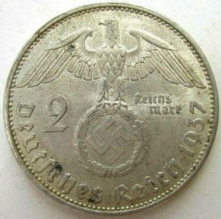 Germany Coins,  2 Reichsmark 1937,  Hindenburg,  Third Reich,  Silver 0.  625