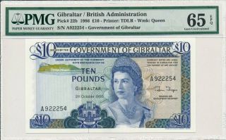 Government Of Gibraltar Gibraltar 10 Pounds 1986 Prefix A Pmg 65epq