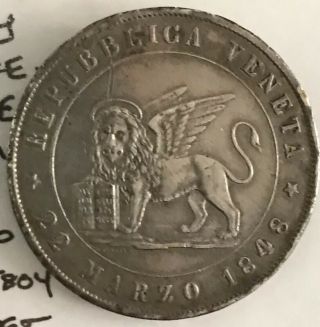 1848 V Italy Venice Silver 5 Lire Vf/xf