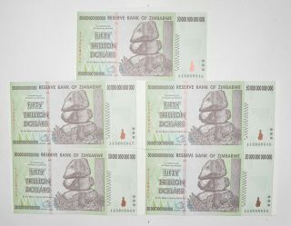 5 Consecutive 50 Trillion Dollar Zimbabwe Uncirculated Notes 2008 Authentic 340