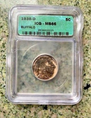 Icg Ms 66 Toned 1938 D Buffalo Nickel 5c