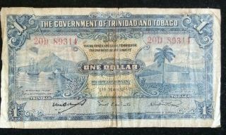 1942 Trinidad And Tobago 1 Dollar Banknote Scarce Wwii Era Circ