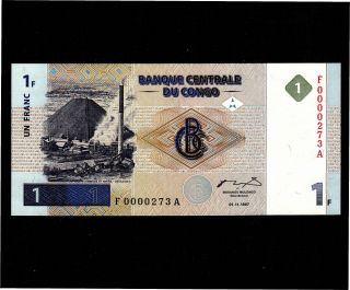 Congo 1 Franc 1997 (1998) P - 85a Unc Low Serial Number