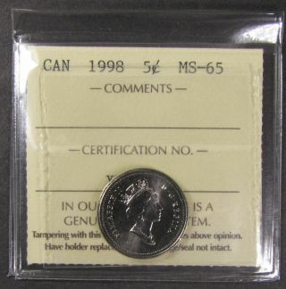 1998 Canada 5 Cent Coin Iccs Grading Ms - 65