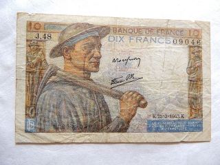 1943 Bank Of France Ten (10) Francs Note