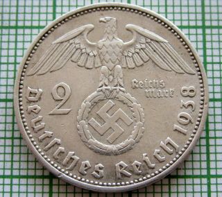 Germany Third Reich 1938 A 2 Reichsmark Hindenburg Swastika Silver