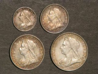 Great Britain 1897 1 - 2 - 3 - 4 Pence Maundy Silver Au - Unc