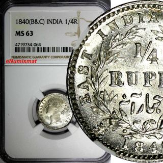 India - British Victoria Silver 1840 (b&c) 1/4 Rupee Ngc Ms63 Scarce Variety Km454
