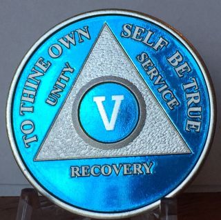 Blue Silver Plated 5 Year Aa Chip Alcoholics Anonymous Medallion Coin Five
