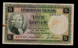 Iceland 5 Kronur L.  1928 Sing.  8 Pick 32a Fine