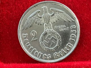 2 Reichsmark 1938 B With Nazi Coin Swastika Silver Brilliant