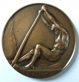 Large Bronze Nude Man Art - Deco Medal By Dupon,  L 
