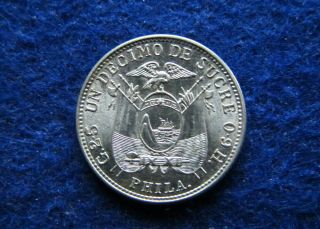 1916 Ecuador Silver Un Decimo - One Year Type - Au/bu - U S