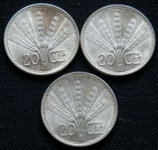 Uruguay,  3 Brilliant Uncirculated (bu) 20 Centimos 1954 Silver Coins