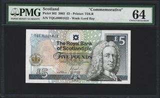 Scotland 5 Pounds 2002,  Royal Bank P - 362,  Pmg 64 Unc,  Low S/n 1822 Commemorative