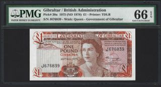 Gibraltar 1 Pound 1975,  P - 20a,  Pmg 66 Epq Gem Unc,  Issued In 1978,  Scarce Qeii