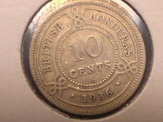 1936 British Honduras 10 Cents Silver Coin