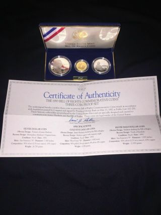 1993 Bill of Rights Proof 3 Coin $5 Gold & $1 Silver Commemorative Set US. 4