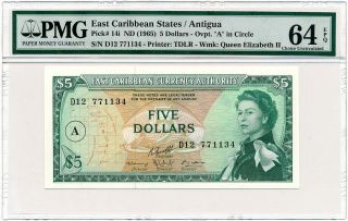 East Caribbean States - Antigua - 5 Dollars 1965 P14i Pmg Choice Unc 64 Epq