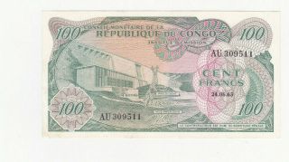 100 Francs Extra Fine Crispy Banknote From Congo 1963 Pick - 1 First Issue