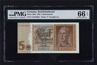 1942 Germany Reichsbanknote 5 Rentenbank Pick 186a Pmg 66 Gem Unc