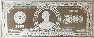 1997 Washington $500 Silver Certificate 1/2 Pound (8 Toz).  999 Fine Silver