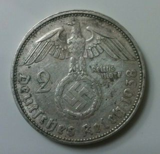 1938 2 Mark German Wwii Silver Coin Third Reich Reichsmark 5