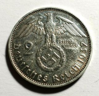 1937 - A Germany 2 Marks Silver Nazi Coin W/swastika Ww2 Era