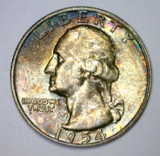 1954 Washington Silver Quarter Rich Color Toned Bu Uncirculated Unc