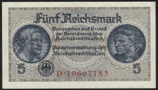1940 - 1945 5 Reichsmark Germany Nazi Wwii Banknote Swastika 3 Reich P R138b Unc
