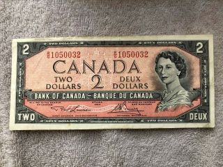 1954 Bank Of Canada Ottawa Canadian $2 Two Dollar Bill Note Circulated