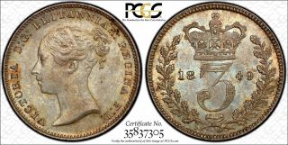 Great Britain Silver Victoria 1849 3 Pence Maundy Pcgs Pl63 Top Graded Km 730