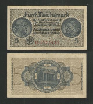German Currency Ww Ii 5 Reichsmark Nazi Germany Swastika Vg
